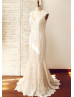 Mermaid Ivory Lace Champagne Lining Keyhole Back Wedding Dress